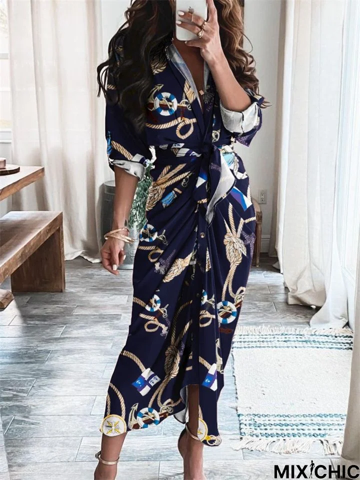 Summer Long Sleeve V-Neck Button Print Dress Long Skirt Women Dress