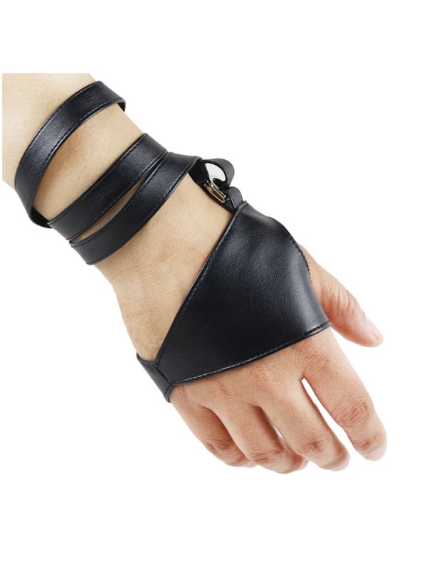 Black Bandaged PU Half Finger Gloves