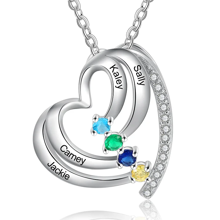 Family Heart Necklace with 4 Birthstones Necklace for Her