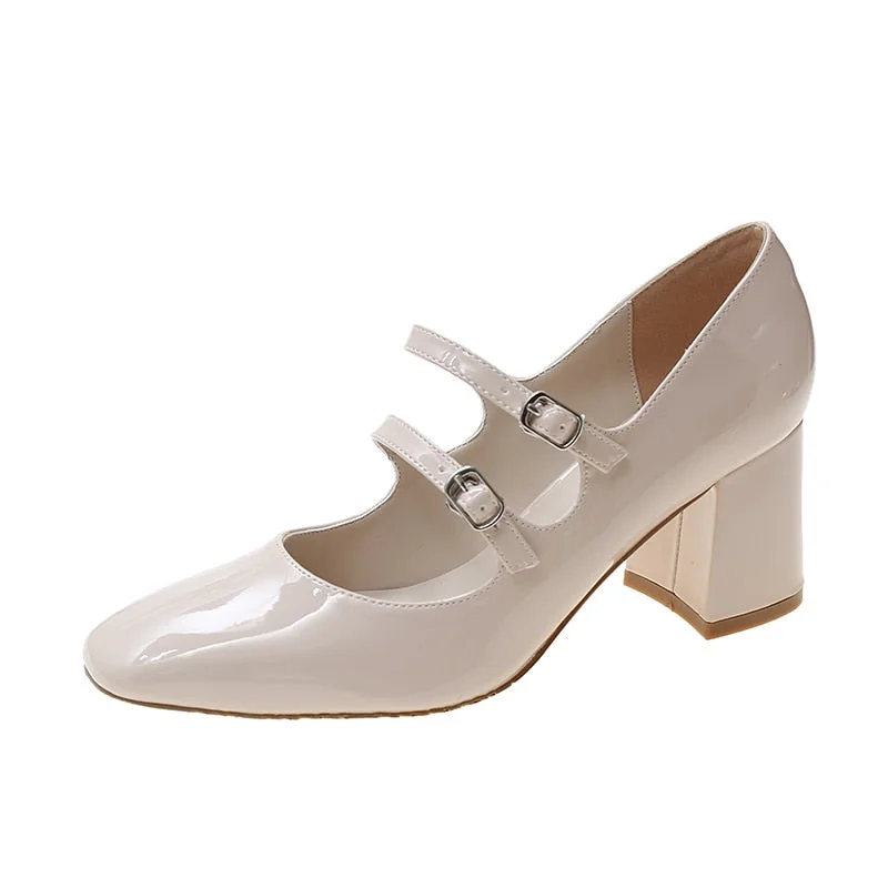 Thick High Heels Mary Jane Shoes For Women Spring 2022 Fashion Double Buckle Strap Pumps Women Black Patent Leather Shoes