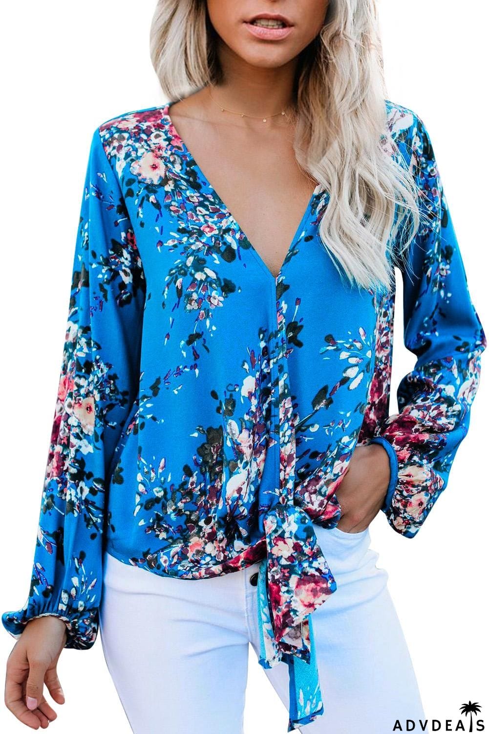 V Neck Long Sleeve Tie Front Blouse