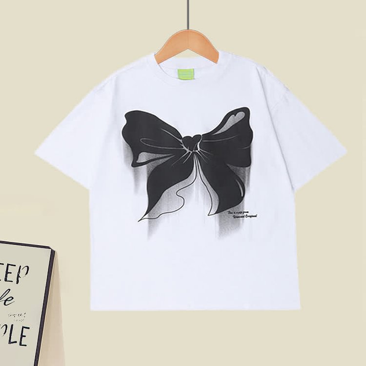Cartoon Bow Print T-Shirt Irregular Tulle SKirt Two Pieces Set - Modakawa modakawa