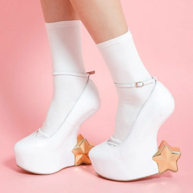White Star Mid Calf Boots Platform Wedge Heel Round Toe Shoes Vdcoo
