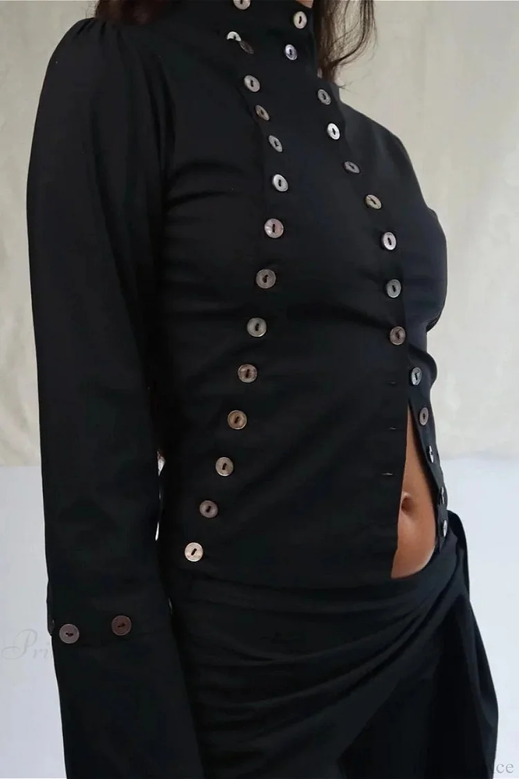 Sexy Solid Button Slim Round Neck Long Sleeve Tee
