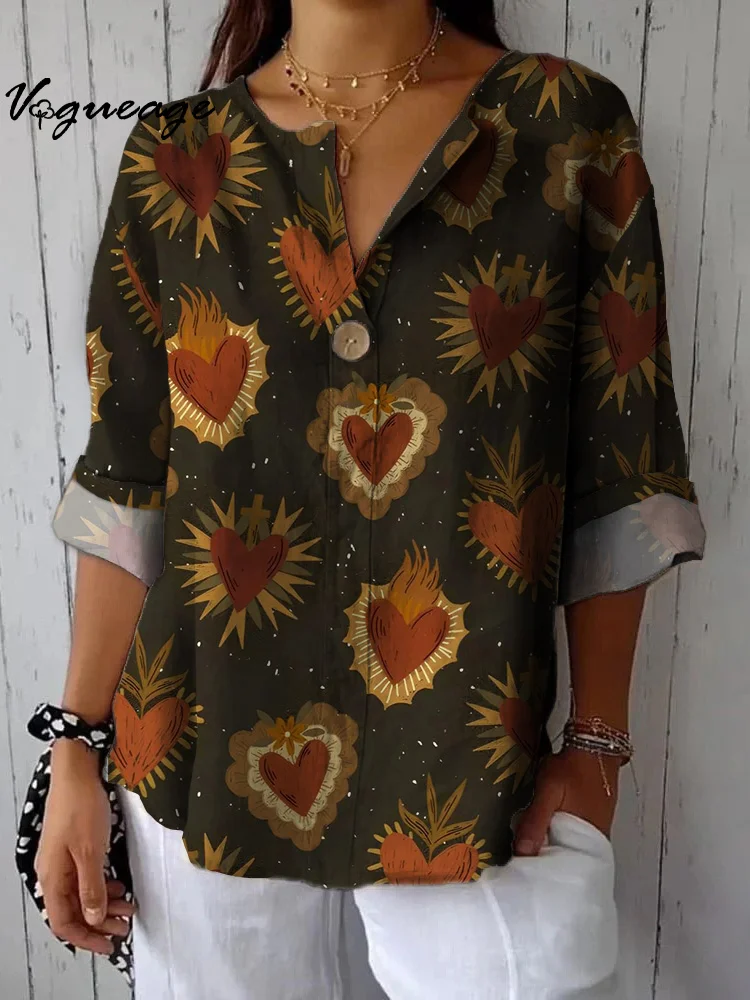 Fashion Gentle Creative Love Plants Printed Cotton And Linen Shirt