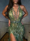 Sequined Tasseled Halterneck Evening Maxi Dress