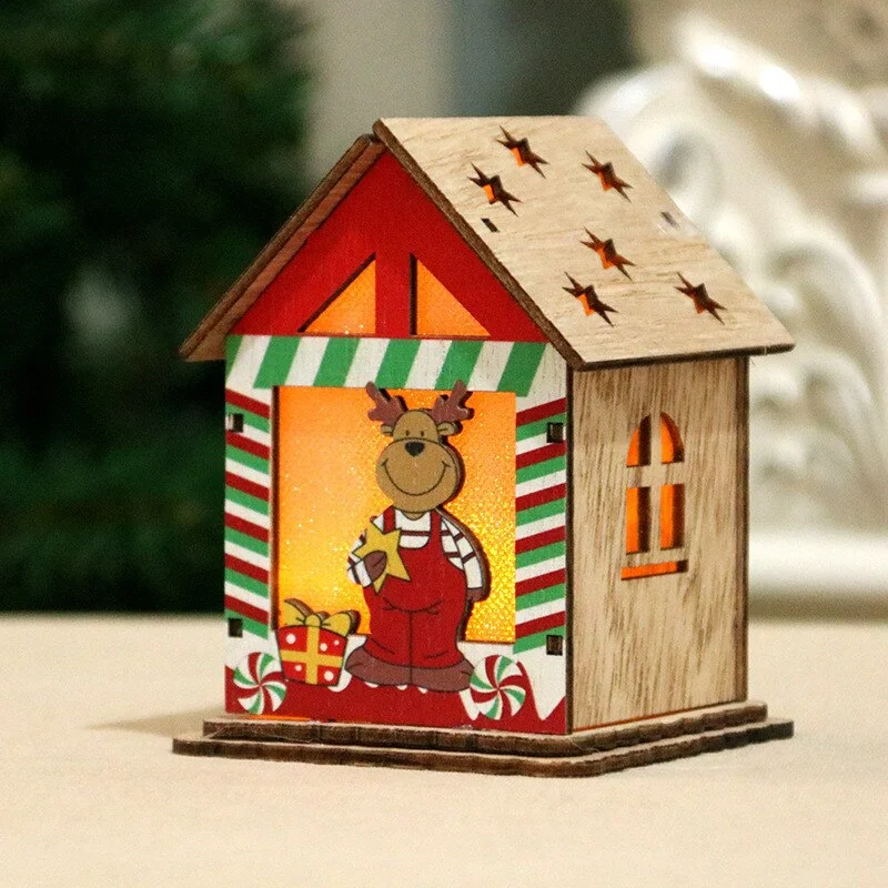 Christmas Gift Xmas Tree Decorate Cabin Night Light Decorative Christmas Gift Decoration Lights Christmas Wooden House Children's Handmade DIY