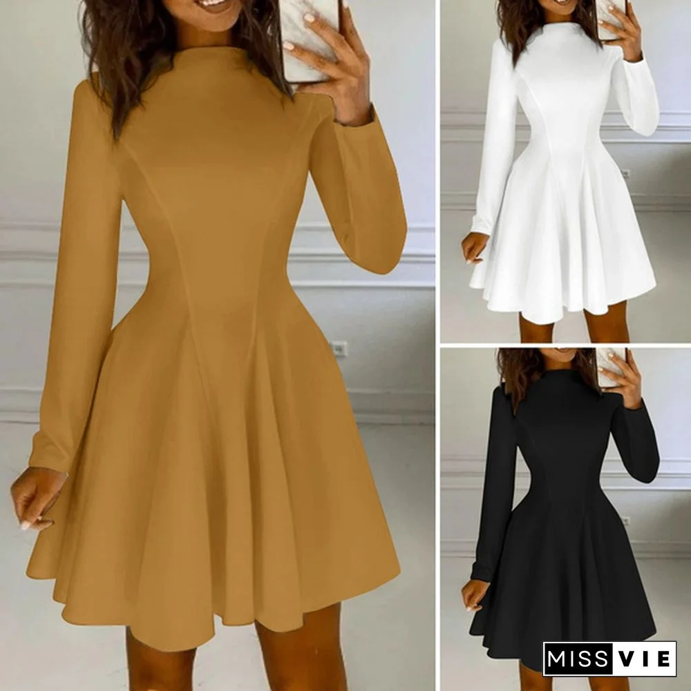 Women Long Sleeve Mock Neck Skater Dress Club Mini Dress