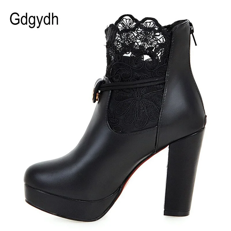 Gdgydh 2021 Lace Ankle Boots Thick High Heeled Female Short Boots Round Toe Platform Ladies Shoes White Wedding Shoes Plus Size