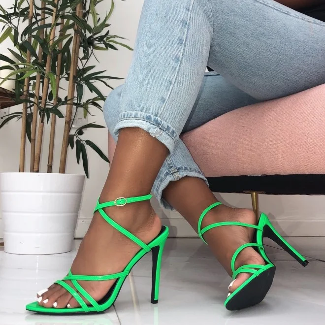 Neon Green Cross Over Strappy Heels Sandals |FSJ Shoes