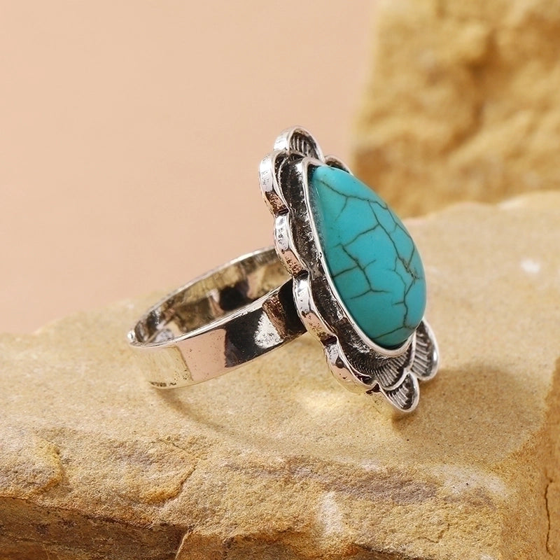 Classical Ethnic Style Water Droplets Alloy Inlay Turquoise Women’s Open Ring