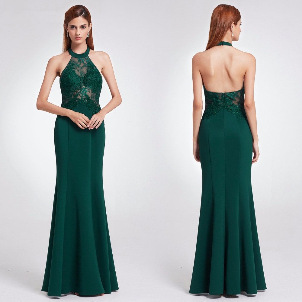 Elegant Green Halter Lace Evening Gowns Mermaid Sleeveless Plus Size Prom Dress