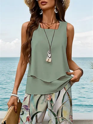 Women's Sleeveless Square Collar Graphic Printed Casual Set