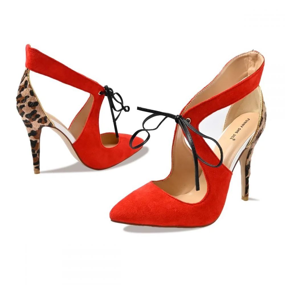 Red Lace Up Heels Pointed Toe Shoes Leopard Print Heels