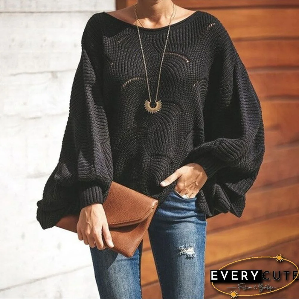 Women Loose Sweater Cloak Casual Soft Lantern Sleeve Hollow Out Pullovers Knit O Neck Wave Hem Solid Female Sweaters