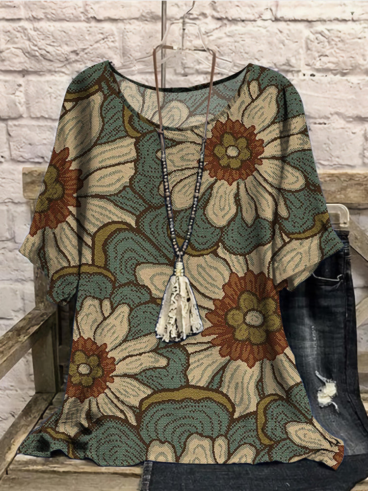 Women Long Sleeve V-neck Graphic Floral Printed Top