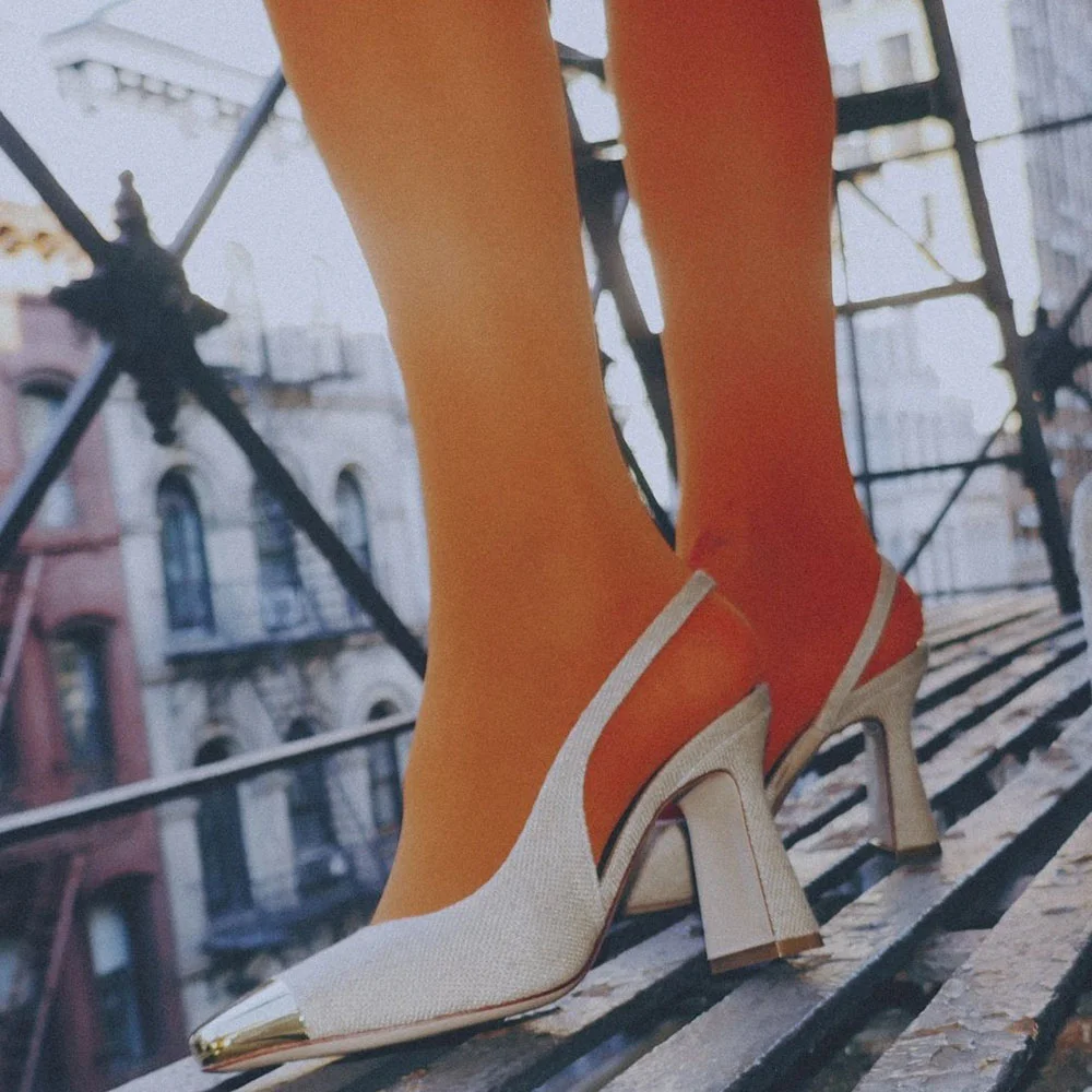 Taupe Canvas Chunky Heel Slingback Metal Square Toe Pumps Shoes