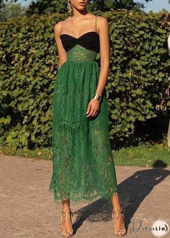 Sexy Green Cold Shoulder Patchwork Lace Spaghetti Strap Dress Sleeveless
