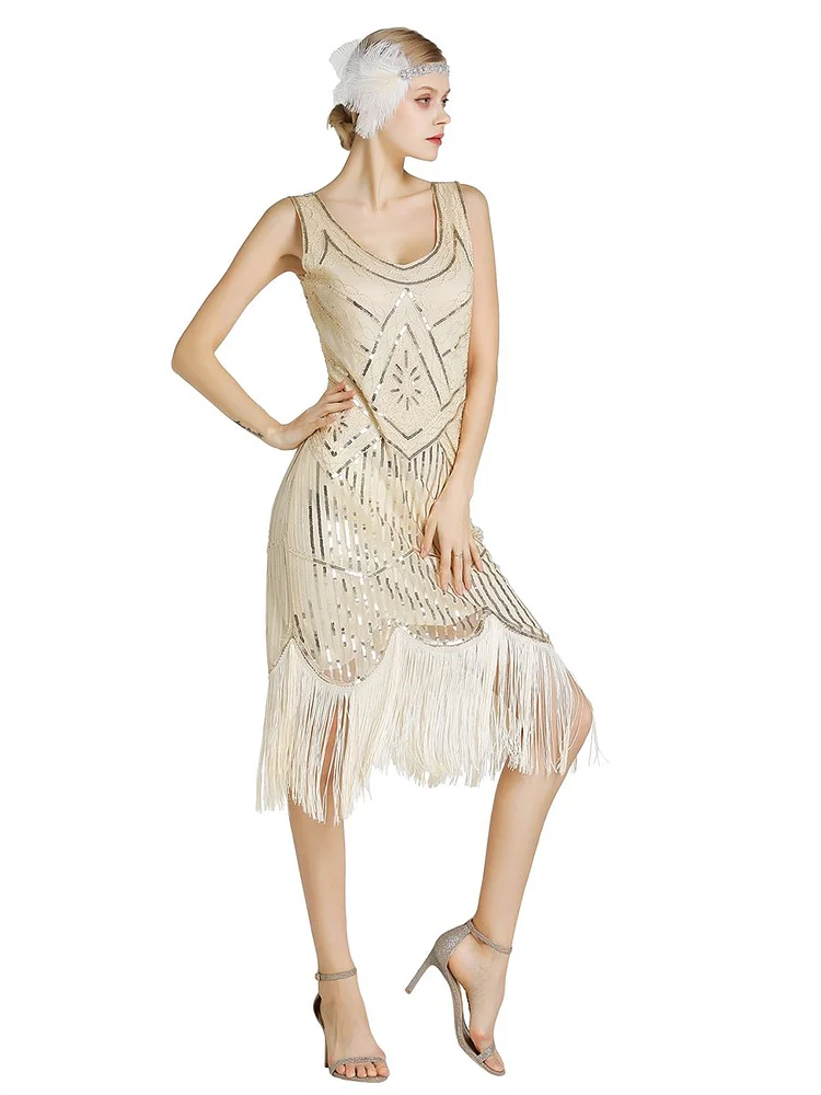 Mayoulove Vintage Fringe Flapper Dress With Sequin Beads-Mayoulove