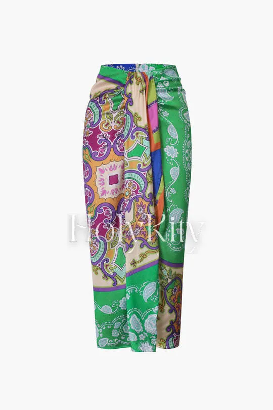 Paisley Print Ruched Midi Skirt