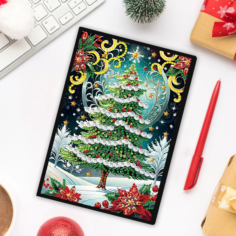 Christmas Tree A5 Size Diamond Painting Notebook Set with 4Pcs Bookmark Gift