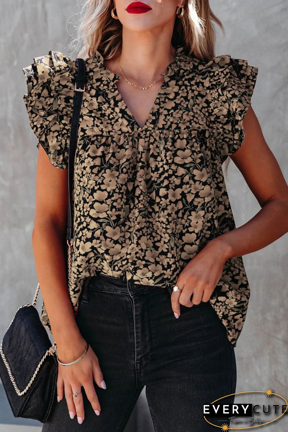 Khaki Floral Print Tiered Flutter Sleeve V Neck Top