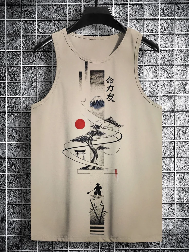 Men's Mount Fuji Japanese Torii Art Painting Print Tank Top