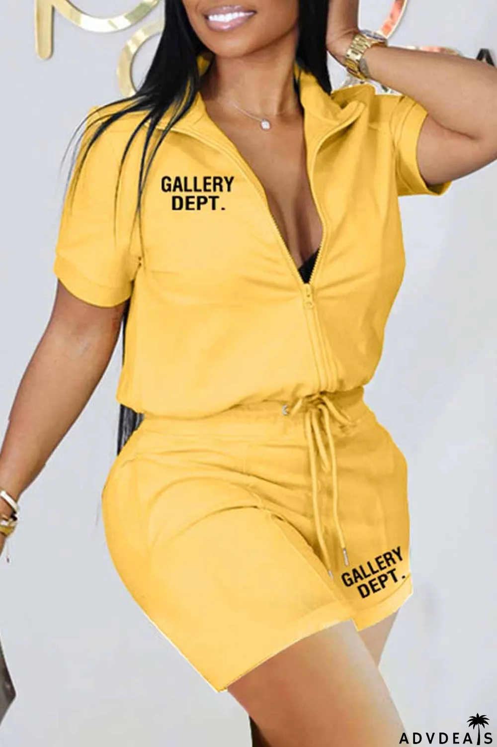 Black Casual Print Letter Zipper Collar Short Sleeve Two Pieces