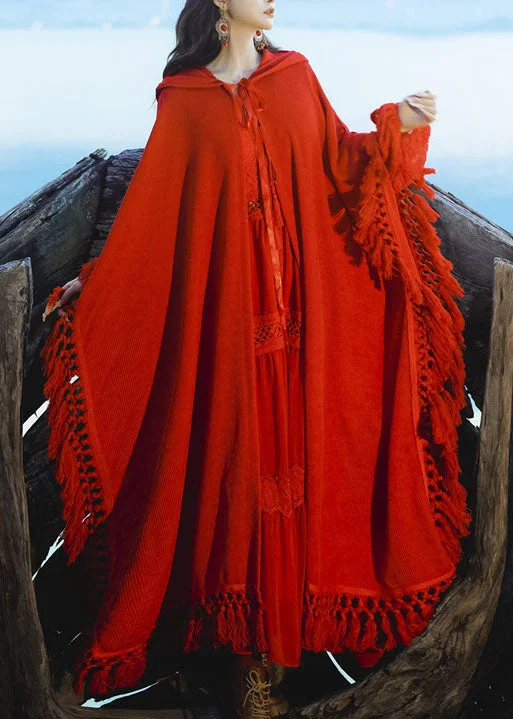 French Red Tasseled Hooded Patchwork Knitting Cotton Cape Trench Fall