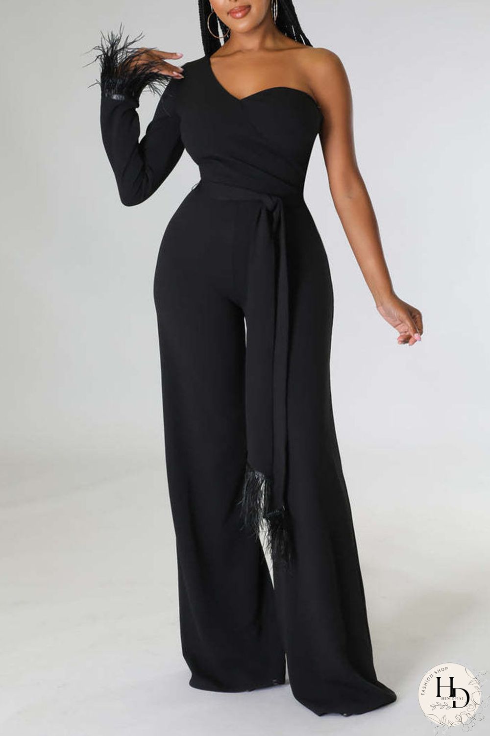 Black Casual Solid Bandage Patchwork Feathers Asymmetrical Collar Regular Jumpsuits