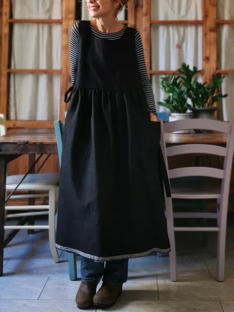 Black Cotton & Linen Kitchen Apron