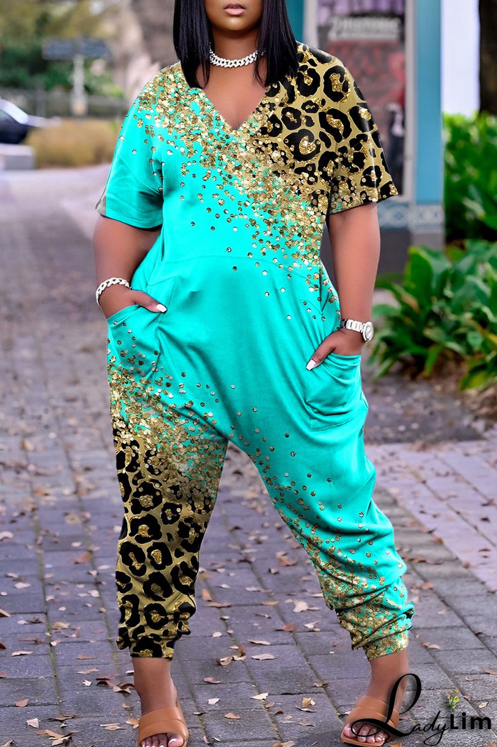 Lake Blue Street Print Patchwork V Neck Harlan Jumpsuits