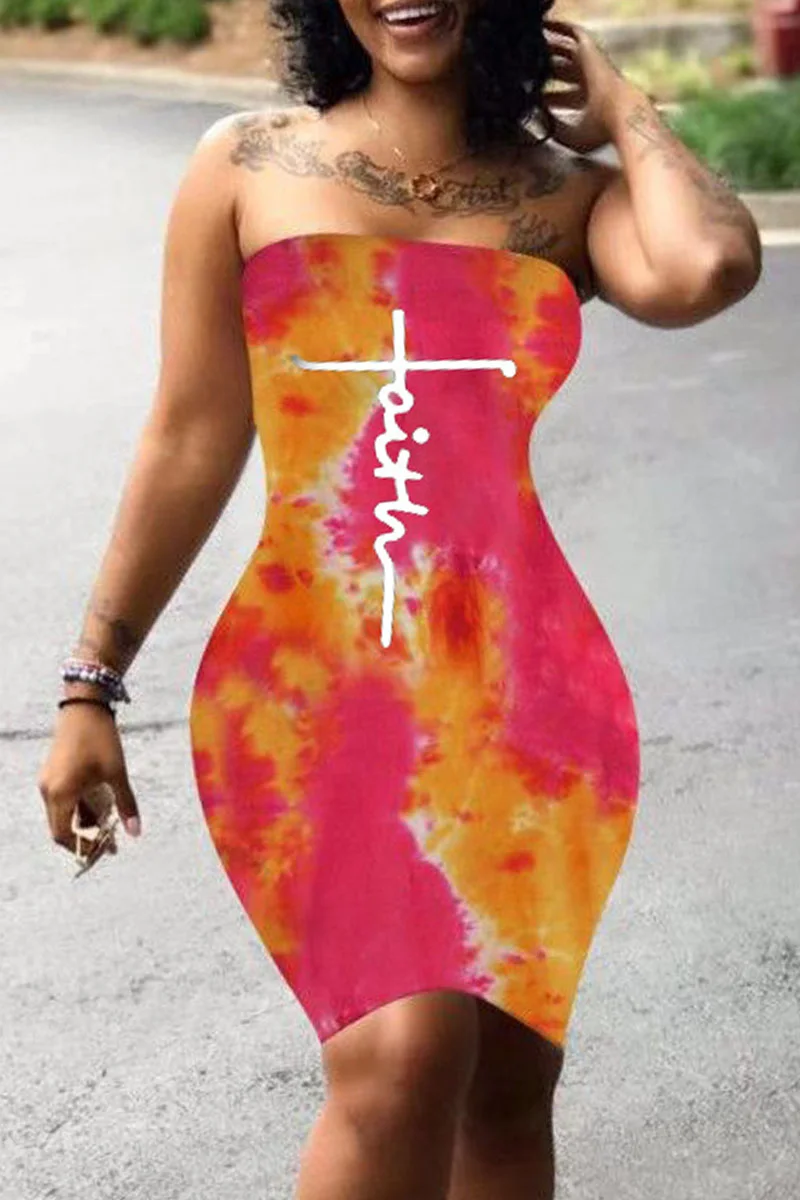 Red Fashion Casual Print Tie-dye Backless Strapless Sleeveless Dress Dresses