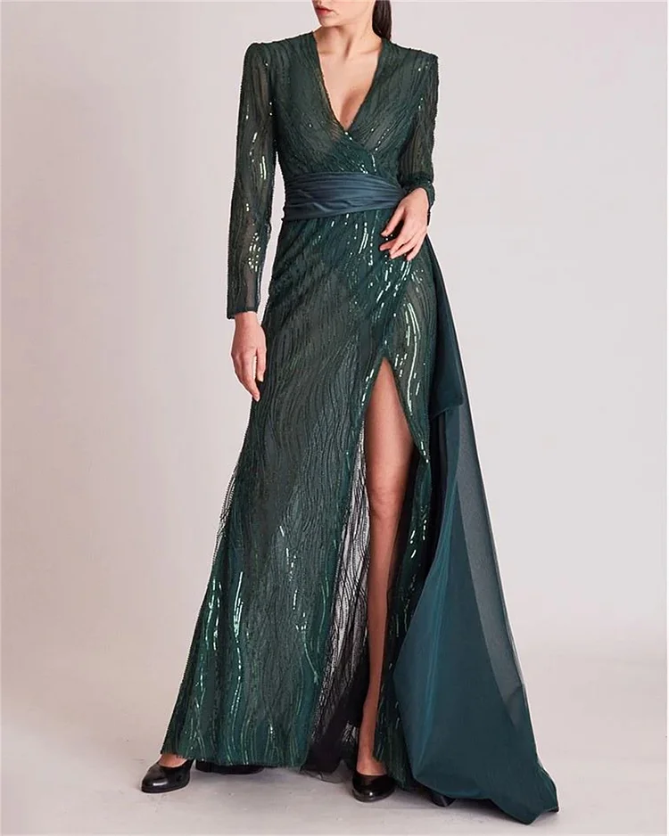 Women's V-neck Long-sleeve Slit Sequined Dress