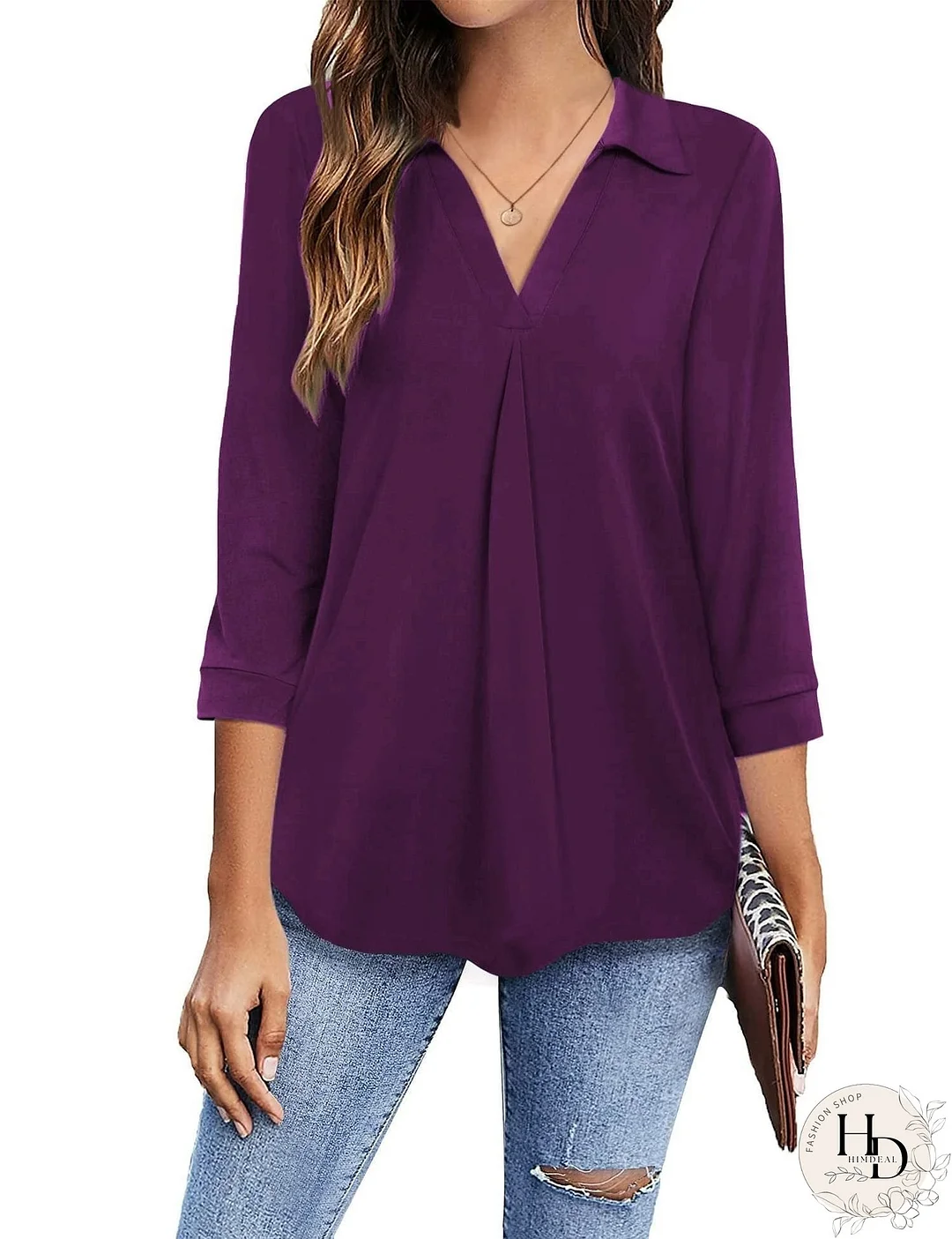 Solid Color V Neck Shirt for Women