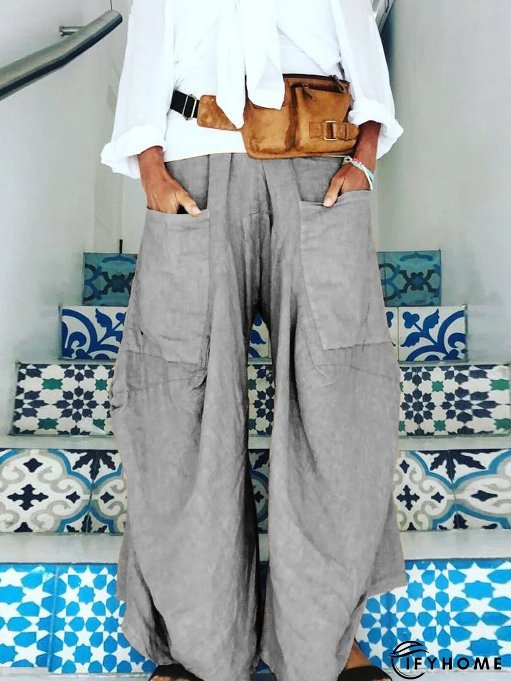 Women Casual Cotton Solid Pockets Pants | IFYHOME