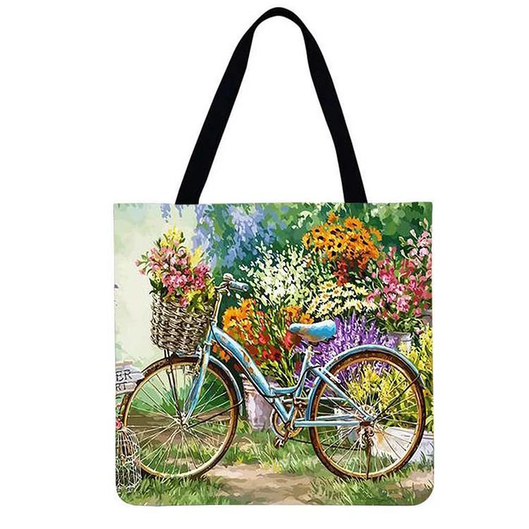 Linen Eco-friendly Tote Bag - Bicycle flowers