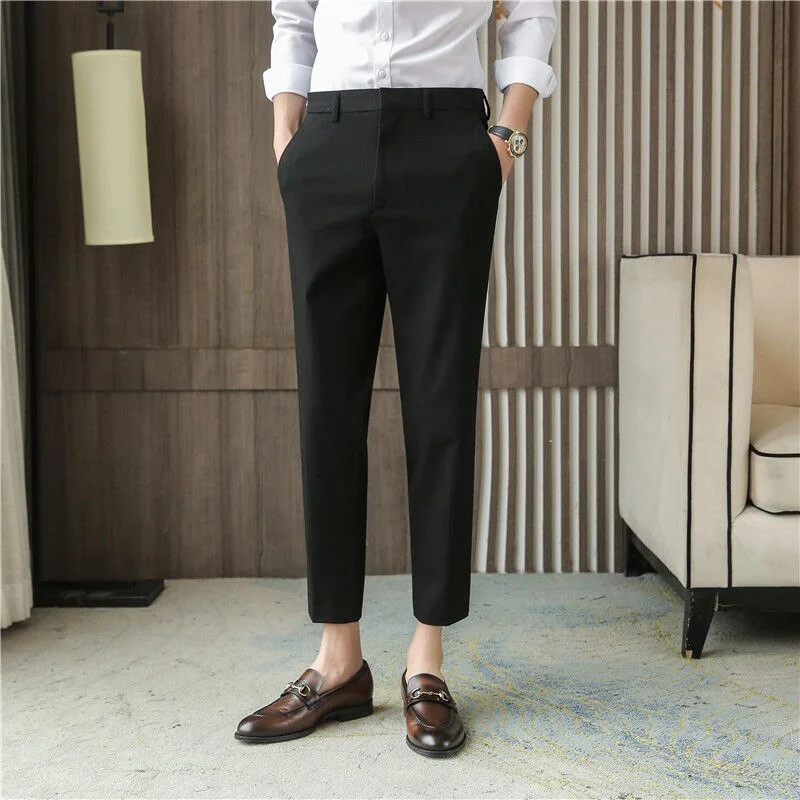 Men's Trousers Solid Color Capris Drop Feeling Elastic Small Leg Light Gray Business Suit Men Fashion Leisure Hot Sale