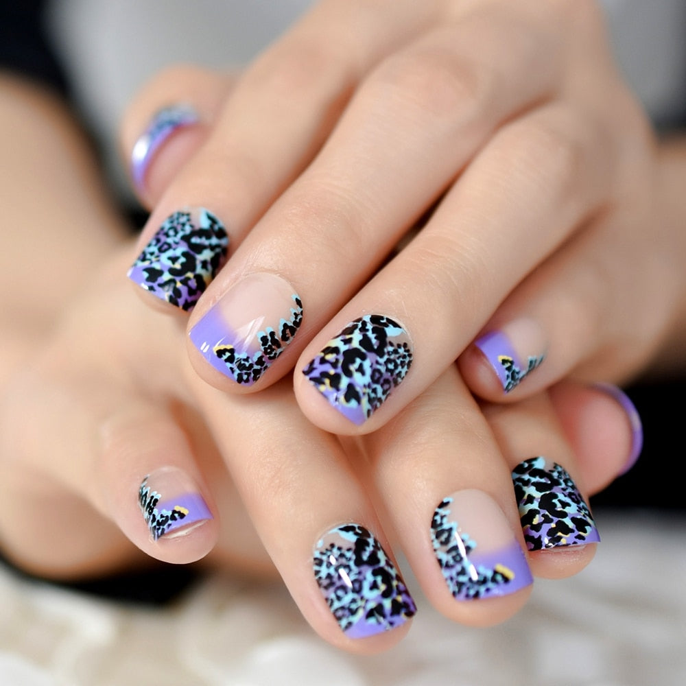 Natural Nude Purple French False Fake Nails Press on Leopard Nails Art ...