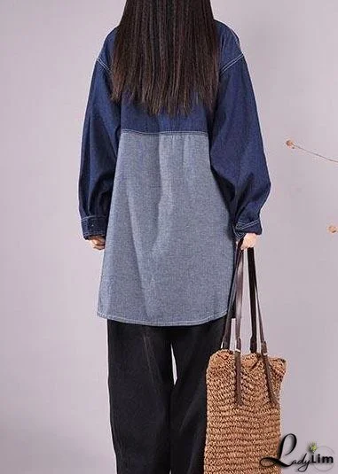 Classy Lapel Patchwork Crane Tops Sleeve Denim Dark Blue Blouses