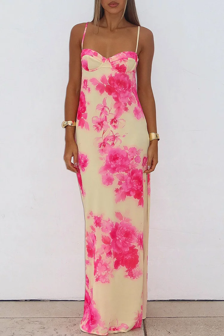 Floral Print Sweetheart Neck Backless Slit Slip Maxi Dresses-Beige [Pre Order]