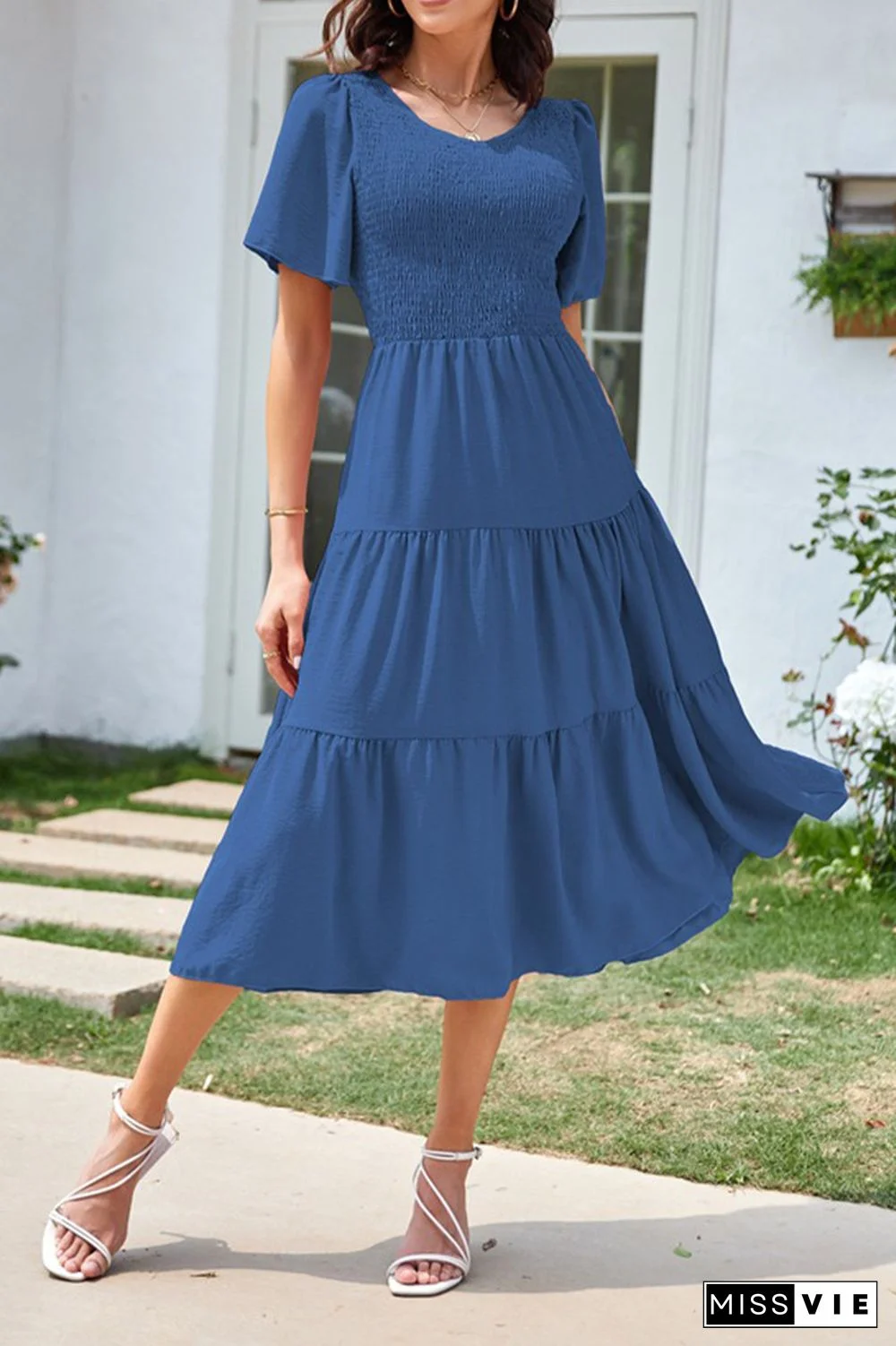 V Neck Smocked Tiered Short Sleeves Dress