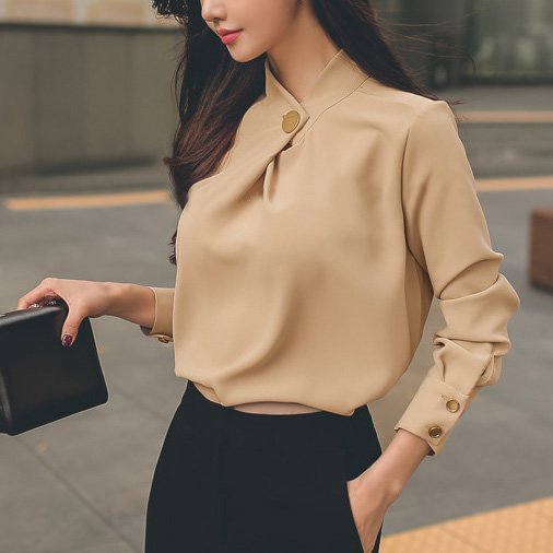 Elegant Simple Regular Fit Vintage Stand Collar  Top