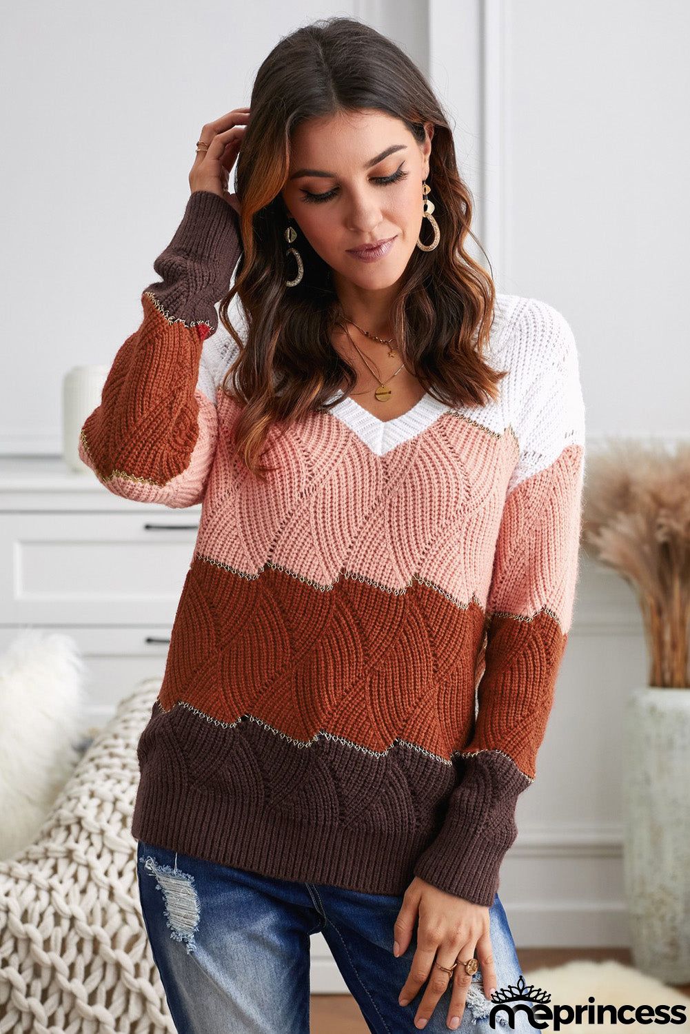V Neck Colorblock Textured Knit Sweater