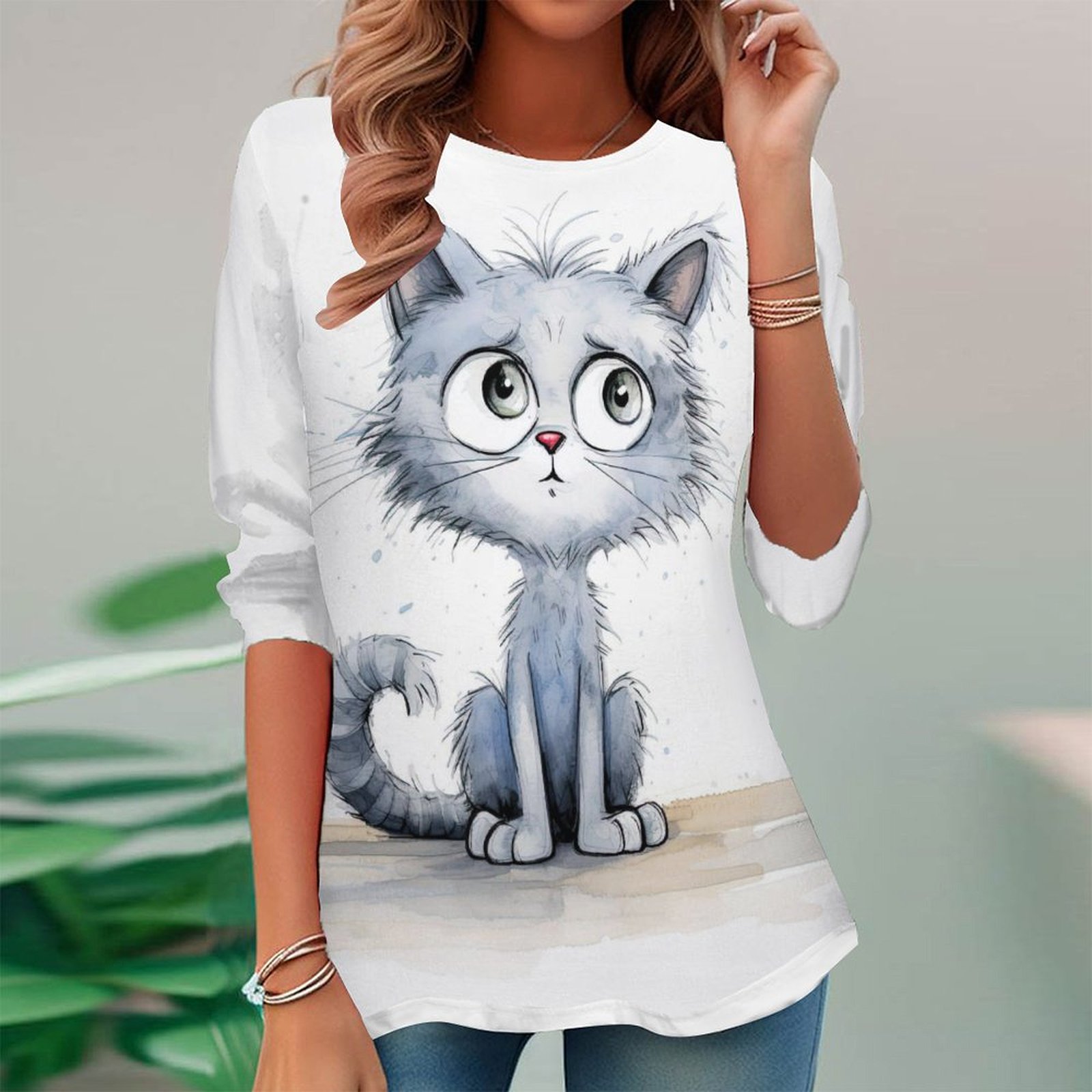 Women Long Sleeve V-neck Graphic Floral Printed Top