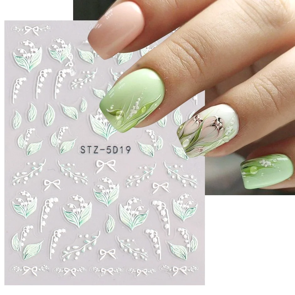 Churchf Nail Stickers Flowers Geometric Lines Decor Acrylic Embossed Sliders Gold Frame Nail Decals Cherry Blossom Manicure GLJI-5D05-Nail Inspo