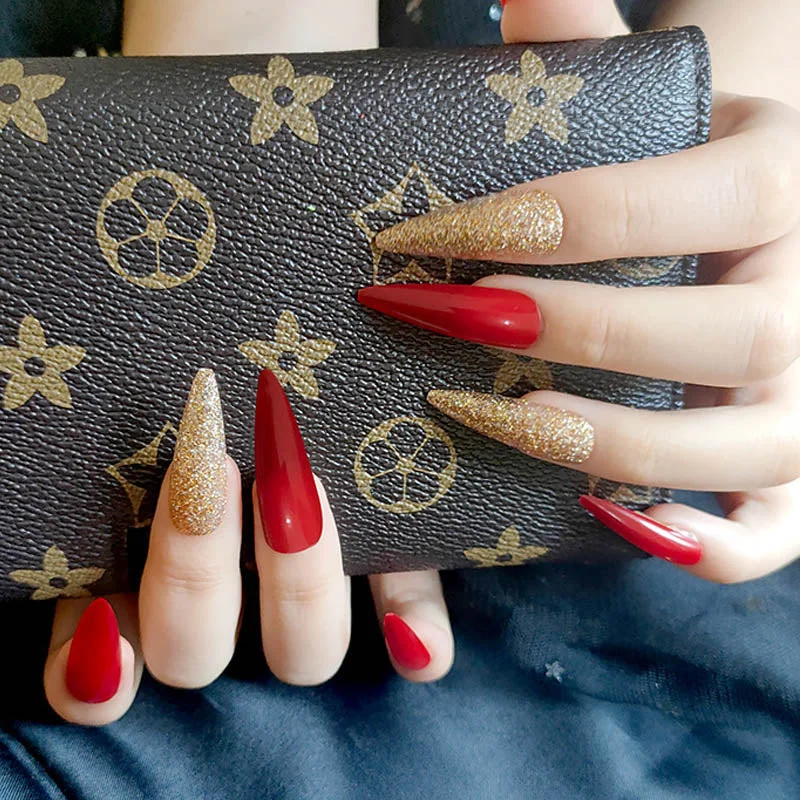 24Pcs Extra Long Coffin Nails Pure Purple Elegant Shiny Ballet Fluorescent and Yellow Leopard print Fake Nail with glue for girl-Nail Inspo