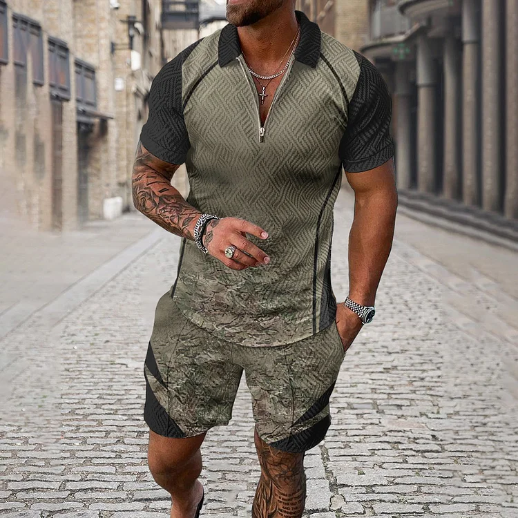 Broswear Men's Camouflage Stitching Sleeve Polo Shirt And Shorts Co-Ord