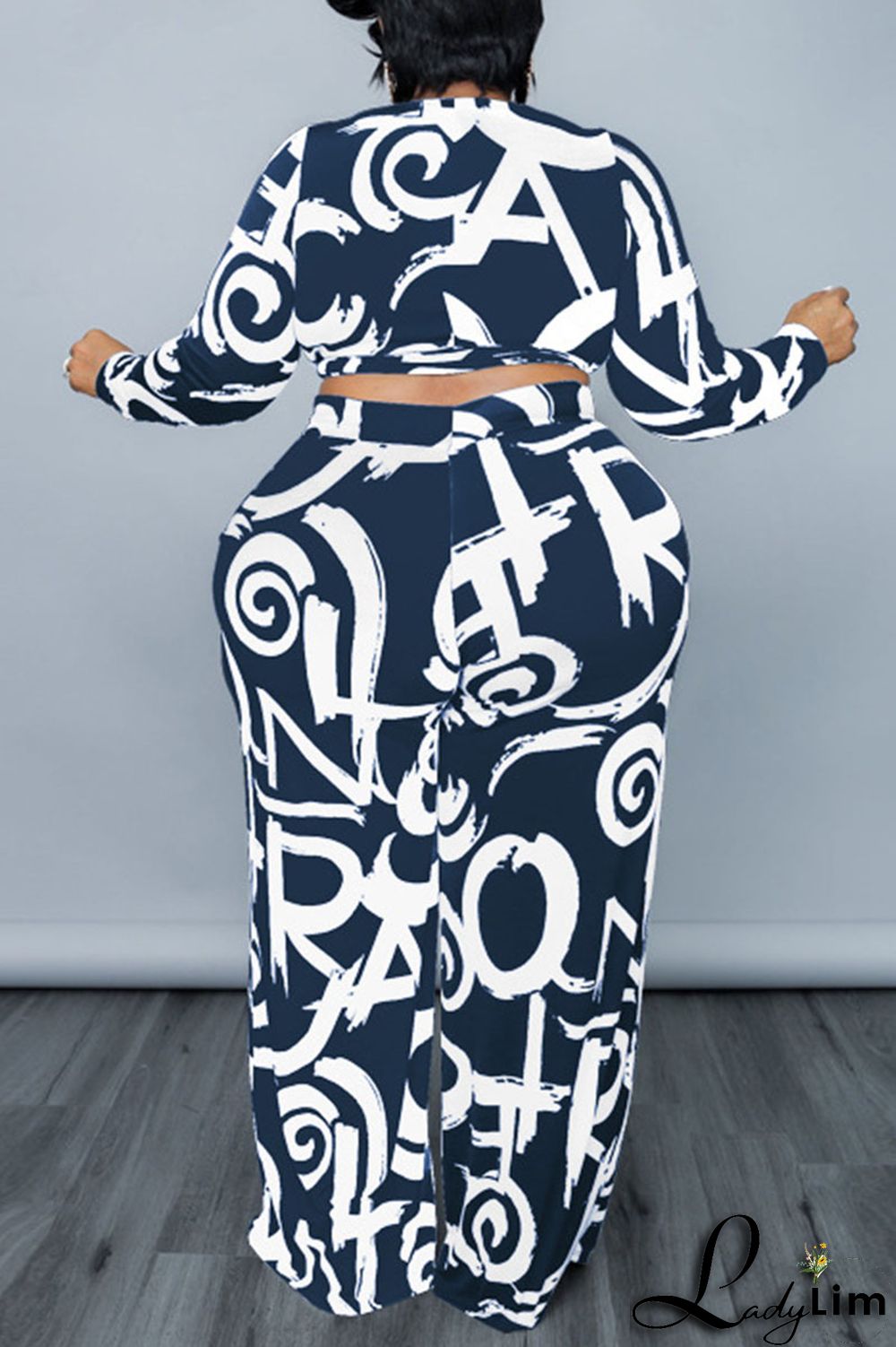 Tibetan Blue Casual Print Bandage Patchwork O Neck Plus Size Two Pieces