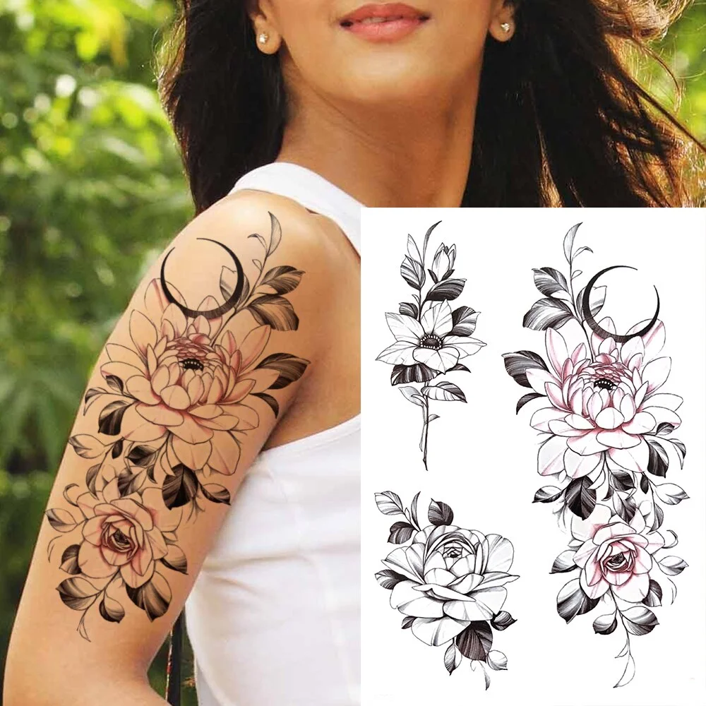 Sdrawing Lily Flower Temporary Tattoos For Women Adults Fake Lotus Orchid Dahlia Peony Tattoo Sticker Black Waterproof 3D Tatoos Arm